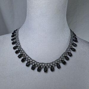 Elegant Smokey Black and Silver Beaded Necklace Netted Tear Drops